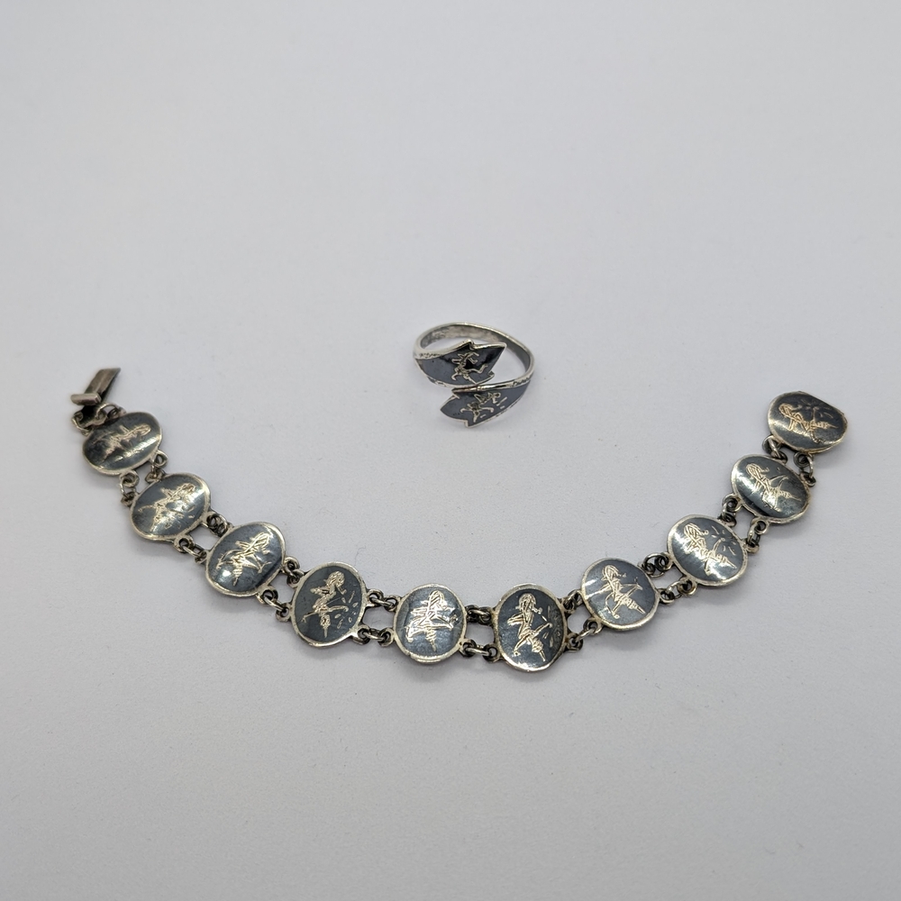 Vintage Sterling Silver Siam Thailand Bracelet And Ring Set